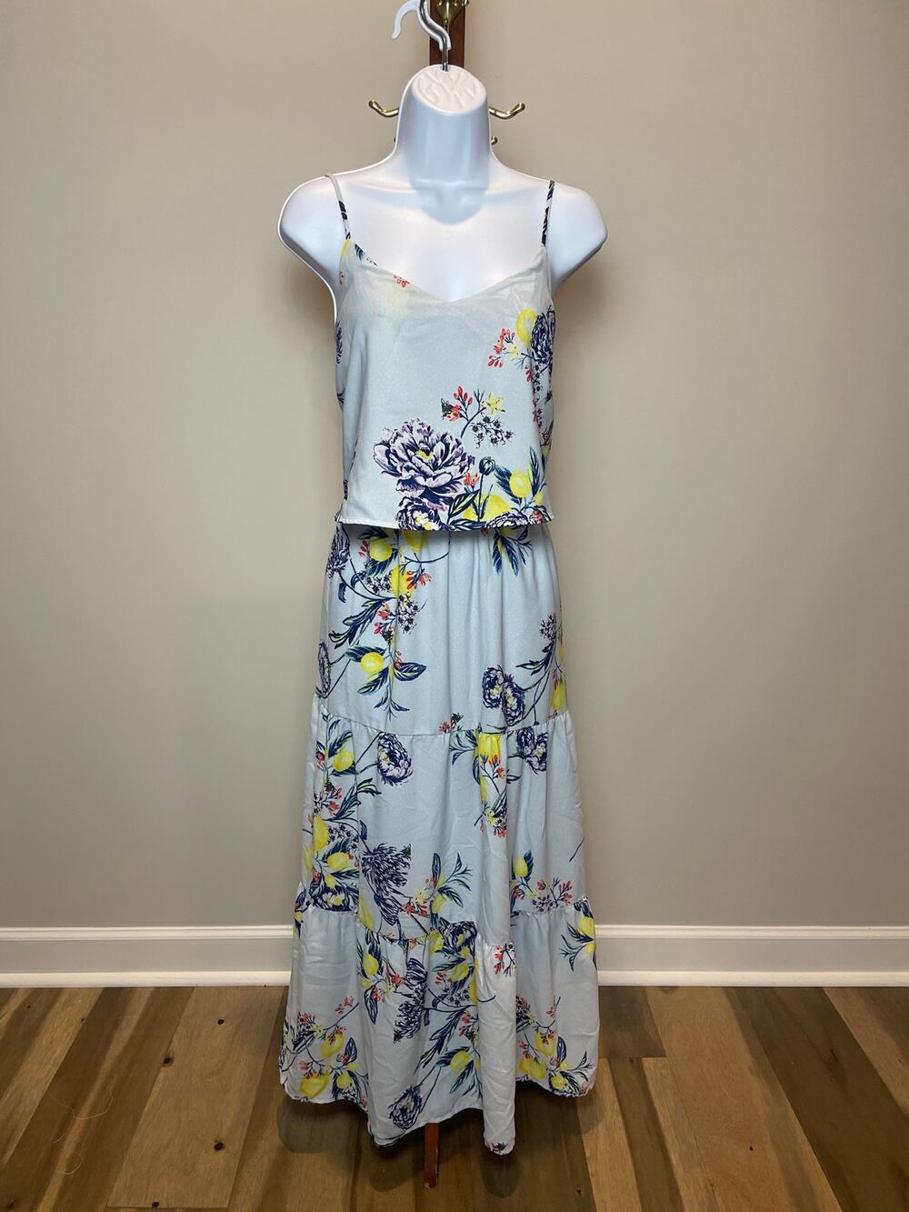 Kaari Blue Pop Over Midi Dress Size L Light Blue Lemon Print Lined